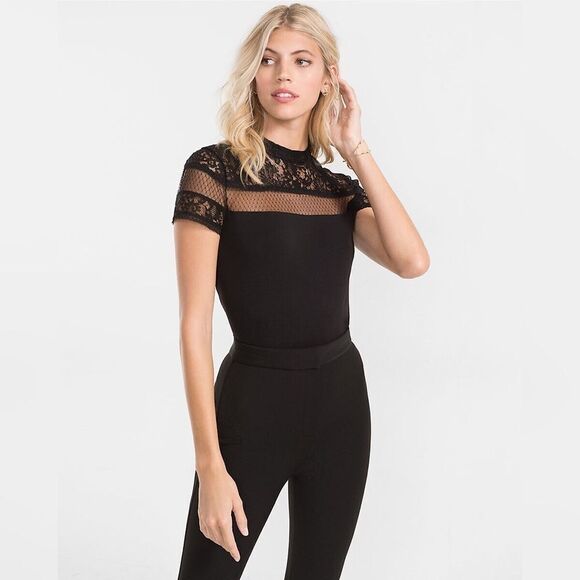 ✨HP 6-21-17✨Mock Neck Lace And Mesh Yoke Tee✨ - Picture 1 of 4